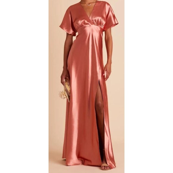 Birdy Grey Jesse Dress Womens Small Terracotta Shiny Satin Maxi V Neck Slit - Picture 1 of 12